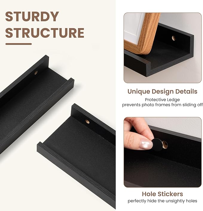 Fun Memories Picture Ledge Shelf, Black Floating Shelves Set of 4, 40 Inch Picture Shelves for Wall with Ledge, Large Nursery Book Shelf for Toys Storage, Living Room, Bedroom Decor Frames