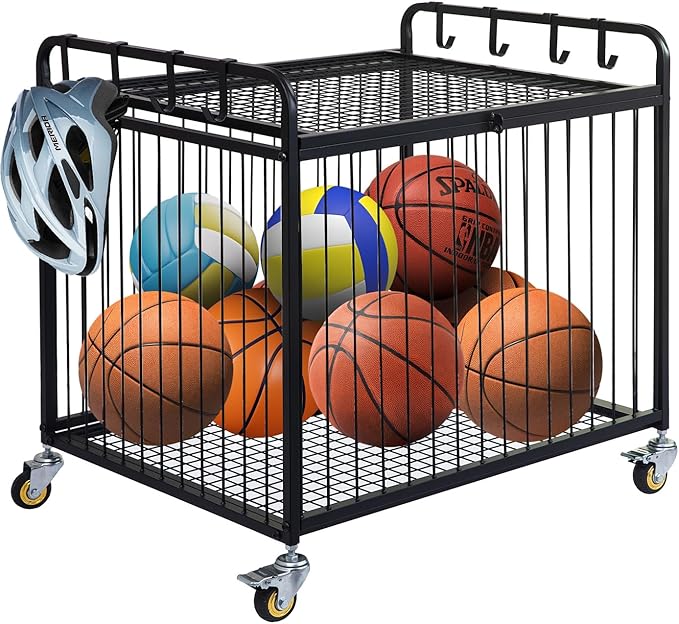 Matt Black Metal Rolling Cart Ball Gym Equipment Sports Gear Storage Portable Wheel Basket Lockable Cage Raised Handle Athletic Basketball Football Soccer Volleyball Racket School PE Class
