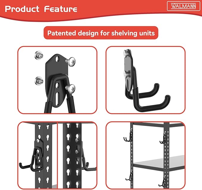 WALMANN 12 PCS Garage Storage Hooks, Wall Mount Utility Hooks for Tools, Ladders, Cords, Folding Chairs, Shovels and Rakes, Shelving Hooks for Keyhole Shelving Units(Black)
