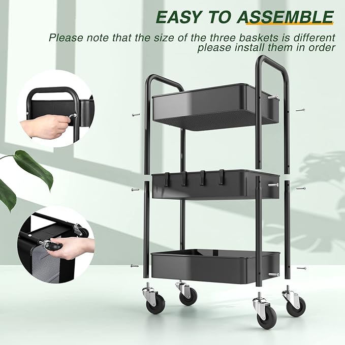 LEHOM 3 Tier Rolling Utility Cart, Metal Trolley Cart with Wheels, Hooks, Easy Assembly Organizer Storage Cart for Bathroom, Kitchen, Office, Bedroom(Black)