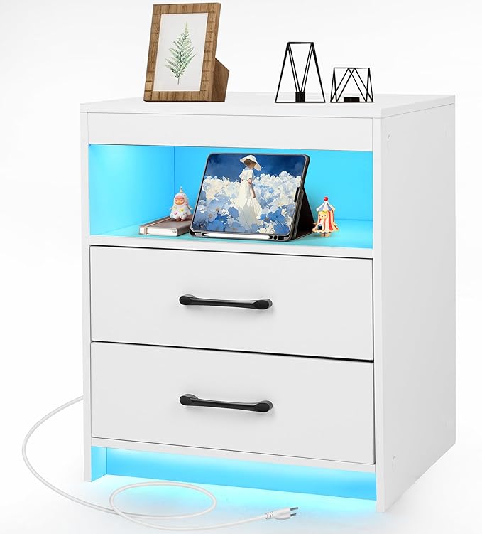 Night Stand with Charging Station and Ambient Light, LED Nightstand with USB-C Ports and Outlets, Morden Bedside Table with 2 Drawers and Open Compartment, End Table for Bedroom, White