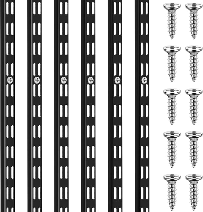 6 Pcs Dual Track Upright Wall Shelving System Heavy Duty Support System Twin Slot Shelf Rail Shelf Standards for Pantries Linen Closets Laundry Rooms(Black,25 Inch)