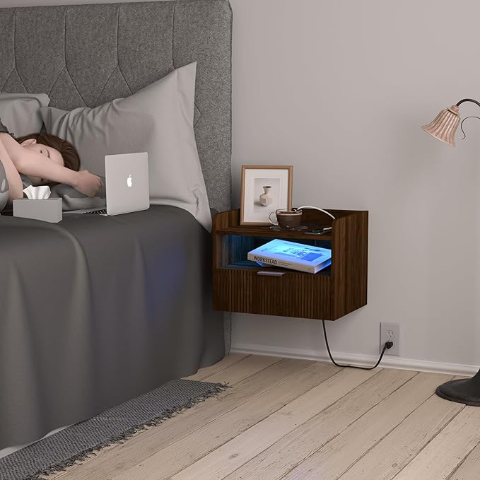 Floating Nightstand with Charging Station and LED Lights (Walnut Brown)