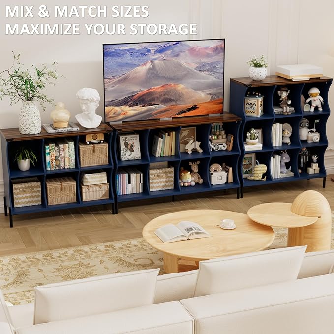 6 Cube Storage Shelf Organizer, Low Book Shelf Bookcase Entryway Table, Wood Closet Storage Display Cabinet TV Stand for Living Room, Office,Bedroom, Dorm, Blue with Natural Top