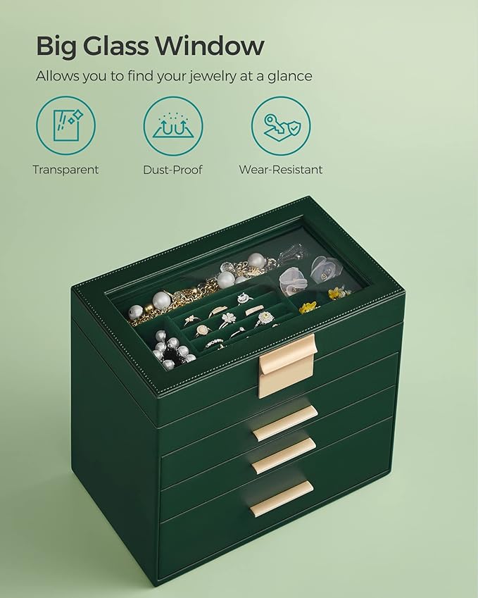 SONGMICS Jewelry Box Organizer with Glass Lid, 4-Layer Jewelry Storage, with 3 Drawers, Modern Style, Christmas Gift, 6 x 9.9 x 8.5 Inches, Forest Green and Gold Color UJBC161G01