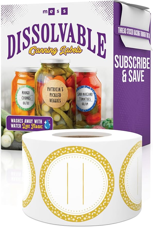 Canning Labels Dissolvable Stickers for Mason Jars and More (2" Round 200/roll) Canning Supplies Washes Off in Seconds Like Magic - Jar Labels Homemade Jam, Jelly, and More (Gold)