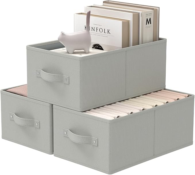 Storage Bins, 3 Pack Foldable Cloth Basket, Cube Organizer with 2 Handles, Suitable for bedrooms, living rooms, wardrobes, and workspaces, Grey, 13 x 9.1 x 5.5 In, XSNY11GS-3