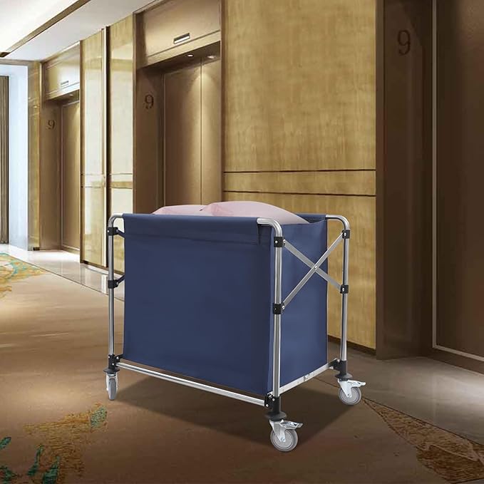 Commercial Laundry Cart with Wheels,Folding Laundry Hamper Cart,Heavy Duty Rolling Laundry Basket with Large Capacity,Laundry Sorter Trolley for Home Hotel Apartment (Blue, 35.43 * 23.62 * 34.65in)