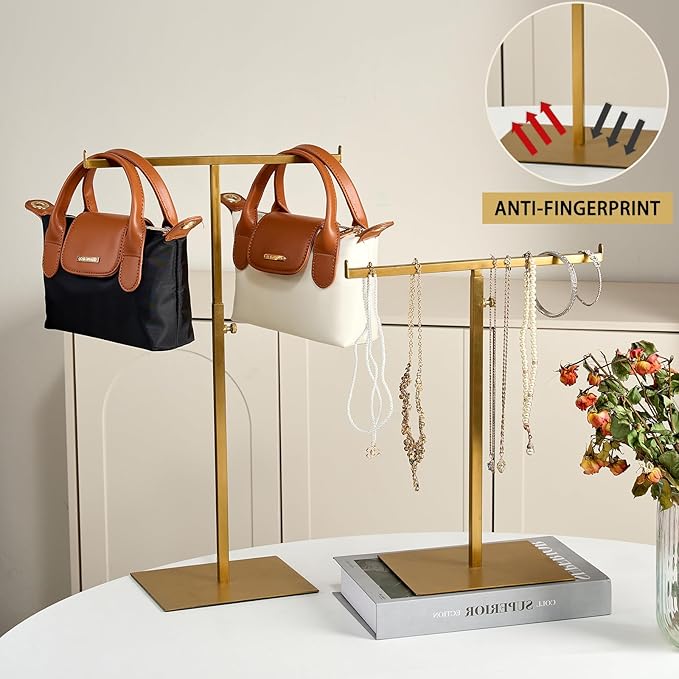 Purse Display Stand Jewelry Towers 2 Packs Stainless Steel Bag Stand Tabletop Adjustable Height Double Hook Hanging Jewelry Stands for Necklaces Organizer Home Store Boutique (Anti-fingerprint)