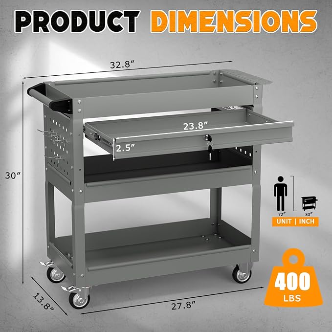 3 Tier Tool Cart on Wheels with Drawers - Three Tier Rolling Cart with Lockable Storage - Mechanic Tool Chest - Tool Chest with Wheels Used in Garage, Indoors, Workshop (Gray)