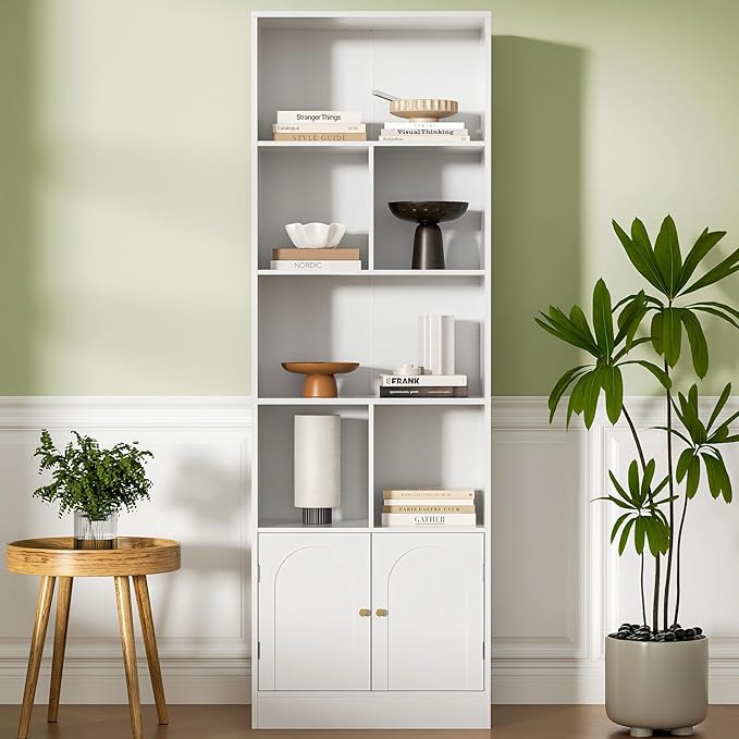 71" Tall Bookshelf with 6 Cubes and 2 Doors, 4-Tier Bookshelf, Open Shelf Bookcase with Cabinet, Modern Cube Storage Organizer for Living Room, and Office, White