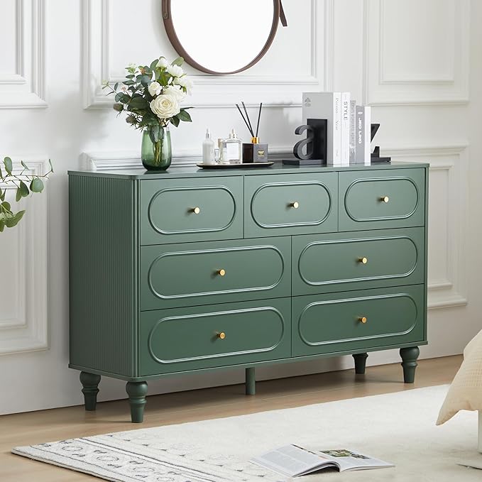 Fluted 7 Drawer Dresser for Bedroom, Modern Mid Century Chest of Drawers, Wood Storage Large Dresser Organizer for Bedroom Living Room Closet Hallway, Green