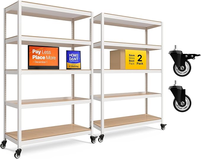 HOMEDANT House White 5-Tier Metal Boltless Rolling Cart Shelf Rack Casters Heavy Duty Wheel Shelving Unit Adjustable Storage Shelves Organizer Shelf Kitchen Garage 48.1" W x 18.5" D x 75.4" H 2Pack