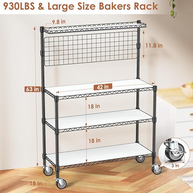 Leteuke Bakers Rack with Storage & Wheels, 42 Inch Microwave Stand Kitchen Shelves, 4-Tier Heavy Duty Storage Rack with 20 S-Hooks, Commercial Metal Utility Kitchen Cart, 42× 18× 63 Inch, Black