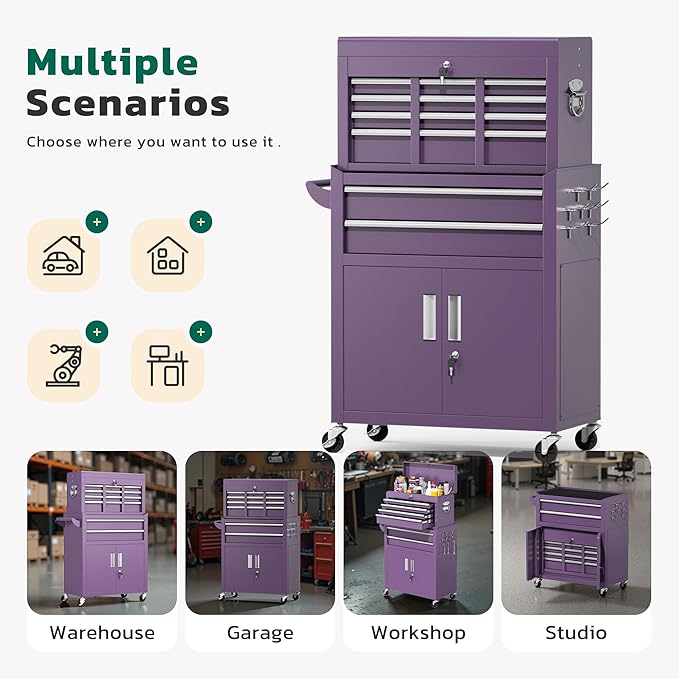 Greenvelly Tool Chest, 8-Drawer Rolling Tool Chest with Hooks and Lockable Wheels,Metal Storage Detachable Top Tool Box with Lockable Wheels for Garage,Workshop,Art Studio(Purple)