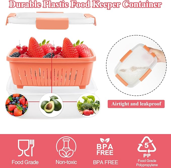 68oz Berry Keeper Fruit Storage Container for Fridge, Fresh Food Produce Saver Containers with Removable Drain Colanders, Vegetable Lettuce Keeper Bowl, Refrigerator Organizer, PRESS TO OPEN CLOSE LID