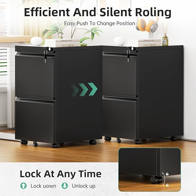 Bonusall 2 Drawer File Cabinet, Metal Rolling File Cabinets with Lock, Filing Cabinets for Home Office Fit A4/Letter/Legal, Easy Assembled, Black