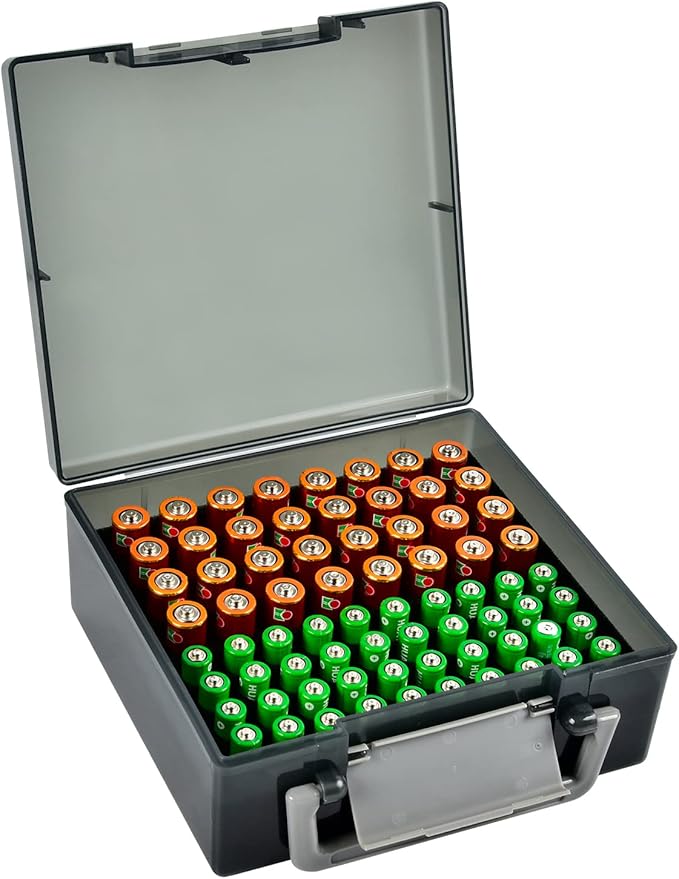 FULLCASE Battery Storage Organizer Holder Holds 72 AA AAA Batteries, Box Cases Garage Container, Home Drawer Organization Dispenser (Case Only) (Grey)