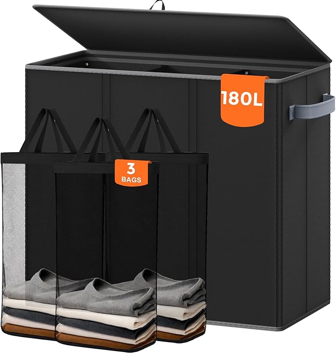 180L Laundry Hamper 3 Section, Large Laundry Basket with Lid, Laundry Basket Organizer with Handles, Black Divided Laundry Baskets, Clothes Hampers for Laundry, Bedroom, Bathroom