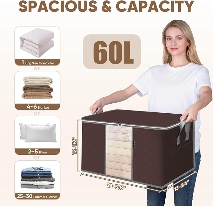 BALEINE 2 Pack Clothes Storage Bags, 16 Gallon Storage Containers with Reinforced Handle, Sturdy Zipper, Closet Organizer for Blanket, Comforter, Pillow, Bedding (Brown, 2 Pack)