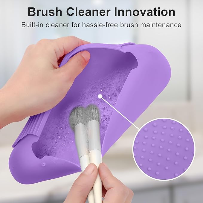 Silicone Travel Makeup Brush Holder for Women with Magnetic Closure and Built-in Brush Cleaner, Washable Cosmetic Organizer, Gift-Ready Pouch, Purple