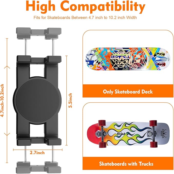 DYAUS 360° Rotating Skateboard Wall Mount, Extending Skateboard Wall Hanger, Universal Skate Board Wall Mounts Display, Space-Saving Longboard Deck Holder, Floating Skateboard Rack, Black