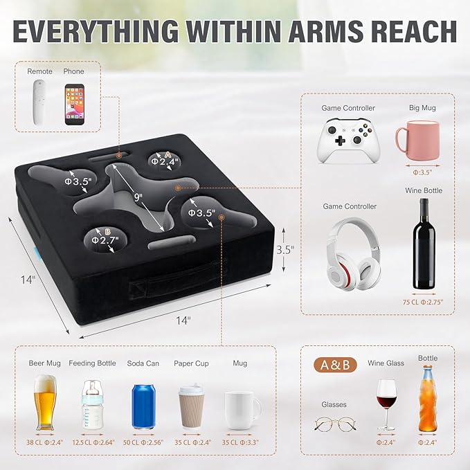 Couch Cup Holder Pillow-Sofa Cup Holder Tray Caddy Cupholder for Bed, Rv, Tv, Car, Man Cave, Backseat for Remote, Drinks, Snacks (Square-Black)