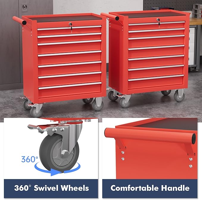 7-Drawer Tool Chest,Rolling Tool Cart with Wheels,High Capacity Tool Cabinet with Locking System for Garage, Warehouse, Workshop-Red