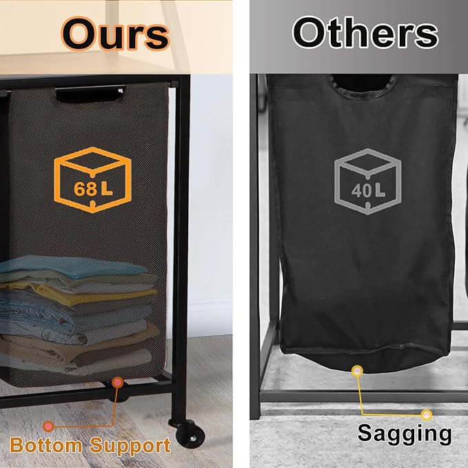 Laundry Hamper, Laundry Sorter, Rolling Laundry Basket with Wheels, 2 Shelves, 18 Gal(68L), Pull-Out and Removable Oxford Fabric Bags, for Laundry Room, Black and Rustic Brown