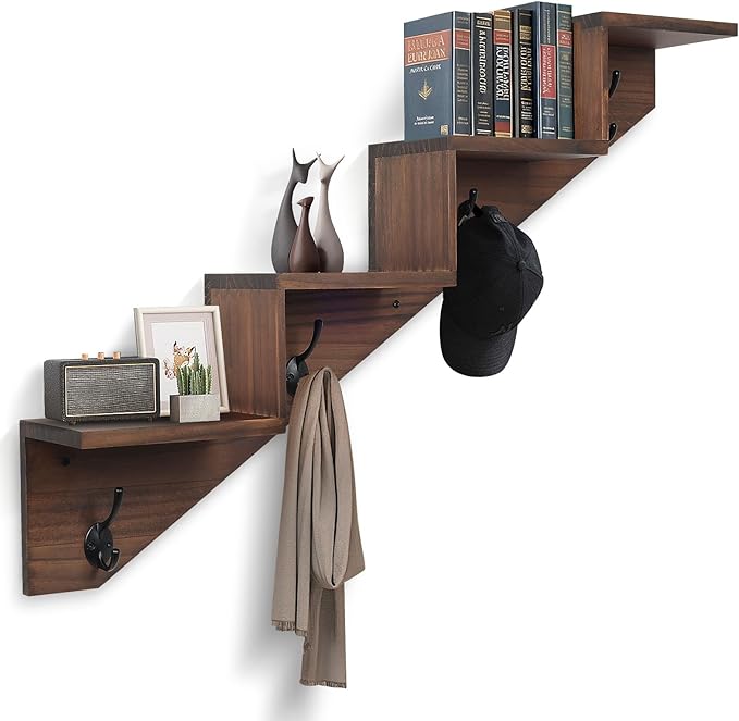 Coat Rack Wall Mount with Shelf, Brown Ladder Shelf with Hooks Underneath, Wall Mounted Rise Wooden shelves for Decorative, 4 Double Hooks for Hanging Coats, Keys, Books, Flowers, Planter, Towels