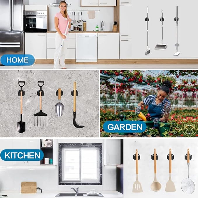 24PCS Broom and Mop Holder, Heavy Duty Garden Tool Organizer Rack Rake and Shovel Handle, Stainless Steel Mop Hanger. Wall Mounted with Screws.Matte Black