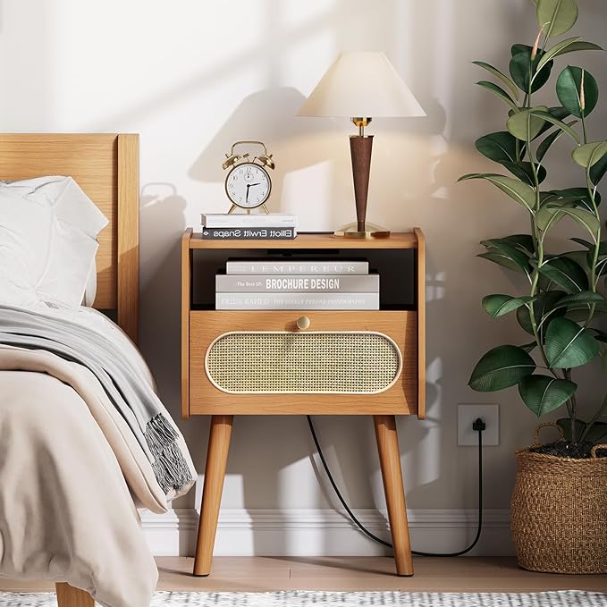 Night Stand Set 2, Mid Century Modern Nightstands, Rattan Bedside Table with Charging Station, Boho End Table with Drawer Storage, Solid Wood Legs Bed Side Tables for Bedroom, Cherry