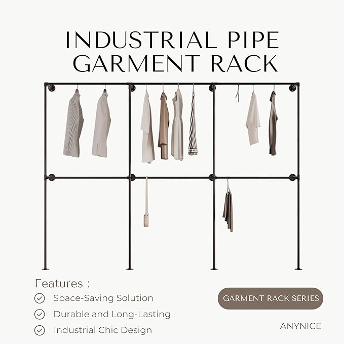 Industrial Pipe Clothing Rack, Heavy Duty Wall Mounted Clothes Rack,Retail Display Hanging Garment Rod for Laundry Rooms, Closet Storage, 14.6x110x82.7 Inches, Model K04