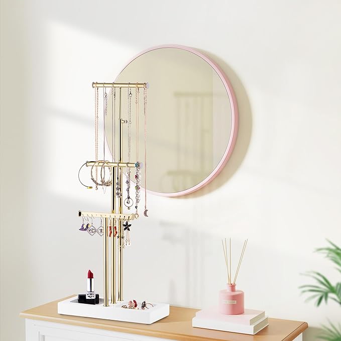 Love-KANKEI Jewelry Organizer Hanging with Metal and Wood Base, Necklace Holder with 3 Tier Tree Jewelry holder stand for Bracelets Earrings Rings,Height Adjustable Gift White and Gold