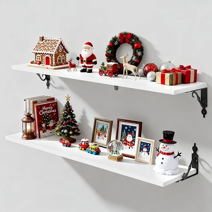 Fun Memories 36 Inches Floating Shelves, Rustic Long Wall Shelves, 8 Inch Deep Book Shelf Wall Mounted with Bracket, Wide Display & Storage Shelves for Living Room, Bathroom, Bedroom, White, Set of 2