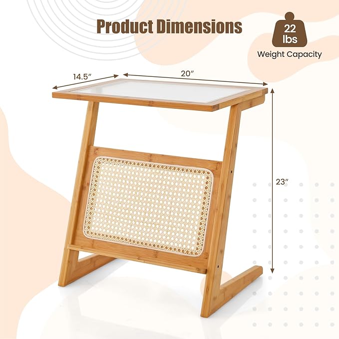 GOFLAME Rattan Side Table, Z-Shaped End Table with Magazine Rack, Bamboo Sofa Side Accent Table with Glass Top, Small Boho Nightstand, Bedside Table for Small Space, Living Room, Bedroom