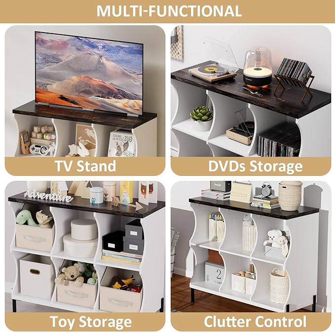 6 Cube Storage Shelf Organizer, Low Book Shelf Bookcase Entryway Table, Wood Closet Storage Display Cabinet TV Stand for Living Room, Office,Bedroom, Dorm, White with Dark Brown Top