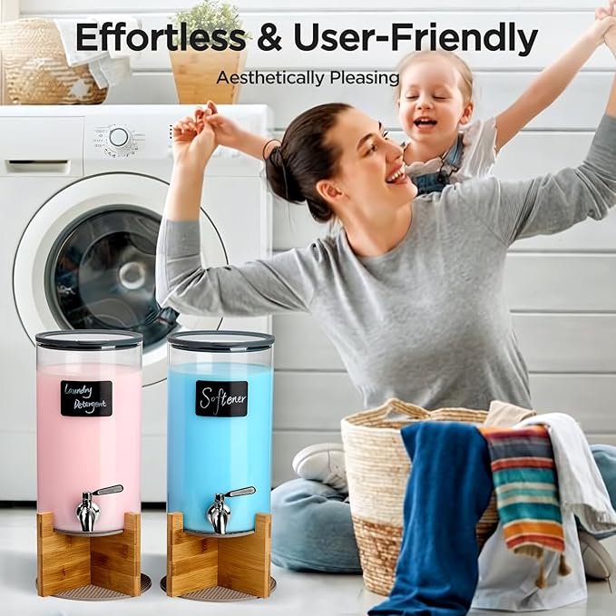 Glass Laundry Detergent Dispenser with Holder,1.1 Gallon Laundry Liquid Dispensers with Stainless-Steel Tap,Large Glass Fabric Softener Containers with Stand for Laundry Room Organization