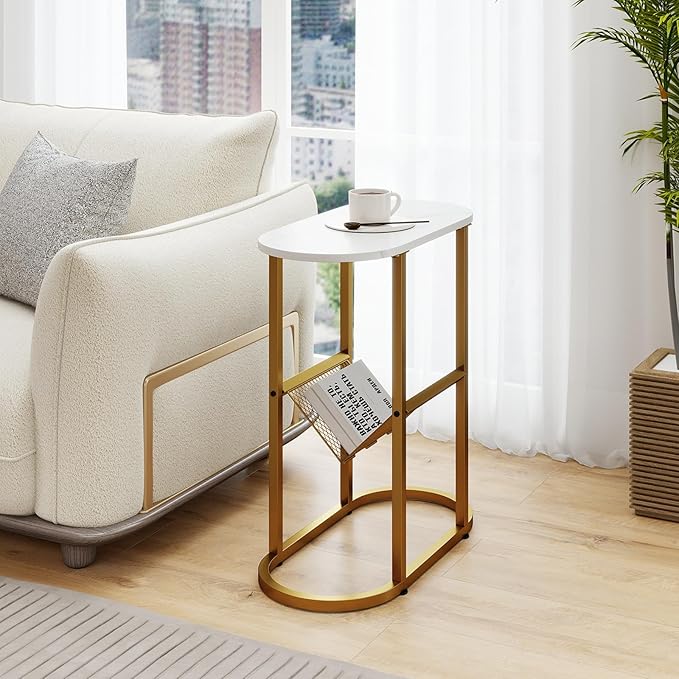 Tangkula Oval Narrow Side Table, 2-Tier End Table with Mesh Magazine Rack, Steel Frame, Industrial Nightstand, Compact Sofa Bedside Table for Living Room Bedroom, White & Gold