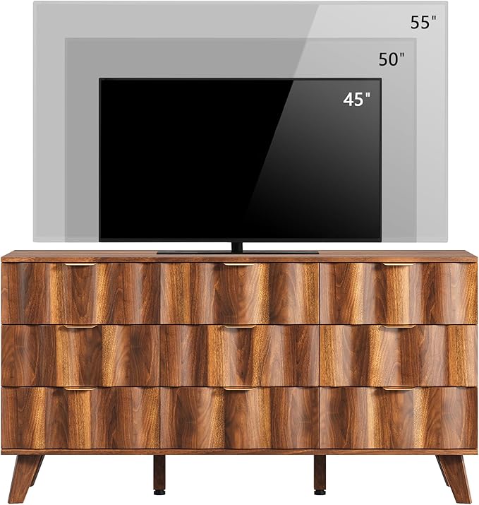 9 Drawer Dresser, Modern Fluted Storage Dresser with Deep Drawers and Metal Handles, Wood Chest of Drawers Storage Organizer for Bedroom, Living Room, Hallway (Walnut)