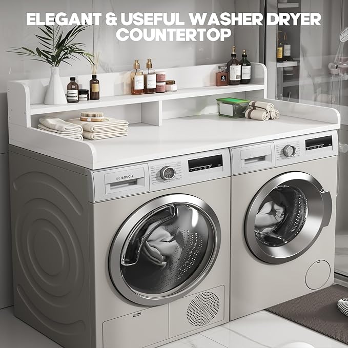 2-Tier Washer and Dryer Countertop with 2.75" H Guard,58" W x 28" D Laundry Countertop Cover with Non-Slip Pad,Large Space Laundry Topper for Folding Clothes Over Washer and Dryer-White