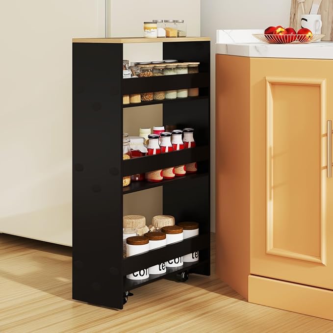 Slim Rolling Storage Cart, 4 Tier Narrow Kitchen Cart with Wheels, Between Washer and Dryer Cart, Wood Shelving Unit Organizer w/Handle for Small Spaces (Black, 8-inch)
