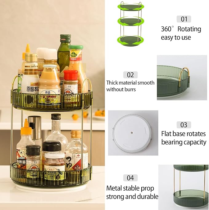 360 Rotating Makeup Organizer for Vanity, Bathroom Countertop Spinning Perfume Organizer, High-Capacity Cosmetic and Skincare Dresser Make Up Holder Rack (2 Tiers, Green)