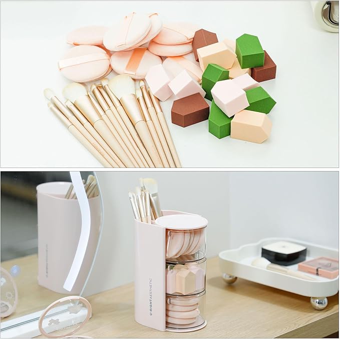 FABROK 3-Layer Clear Hair Accessories Organizer with Hair Brushes Holder, Rotatable Small Jewelry Box for Hair Clip Earring Necklaces, Desktop Organizer Case for Cotton Swab, Hair Accessories(Pink)