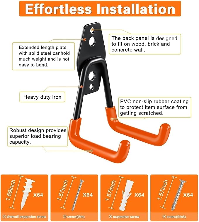 Steel Garage Storage Hooks - 32 Pack Anti-Slip Coating, Heavy Duty Wall Mount Wall Hooks for Hanging Bike, Ladder, Garden Tools, Power Tools, Bulk Items Ropes, Utility Garage Organization Housolution