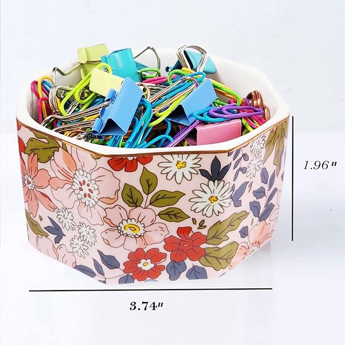 Ceramic Paper Clip Holder Gold Line Paper Clip Dispenser Organizer for Desk Cute Floral Pattern Office Binder Clip Holder Bobby Pin and Hair Clip Holder Gift for Office Pink Flowers