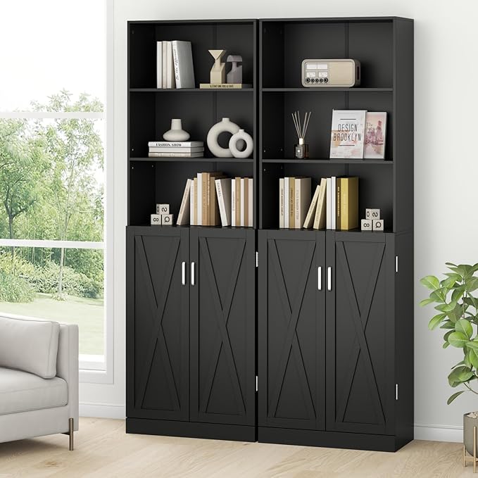 Loomie Industrial Bookshelf with Door, 6 Tier Farmhouse Book Shelf with Adjustable Shelves,70" Tall Display Etagere Bookcase,Floor Standing Unit Book Case Furniture for Home Office,Living Room (Black)