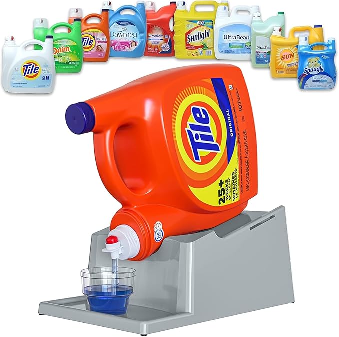 TidyFriend No-Spill Liquid Laundry Detergent Dispenser Holder, Laundry Soap Dispenser Holder with Drip Tray for Laundry Room Organization (No Strap, Grey)