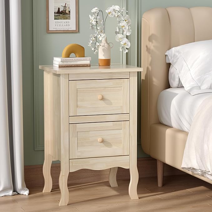 VINGLI Nightstands Set of 2, Unfinished Solid Wood Nightstand Color DIY, Small Nightstand for Bedroom, Natural Wood Night Stand with Drawers, Light Wood Night Stands, Real Wooden Bedside Table