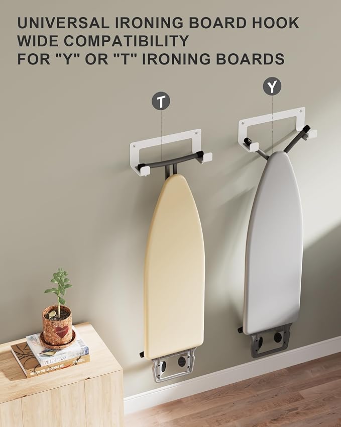 Extra Large Ironing Board Hanger Wall Mount Stainless Steel, Y T Leg Ironing Board Holder Wall Mount for Laundry Room, Iron Board Hooks for Wall Heavy Duty, White